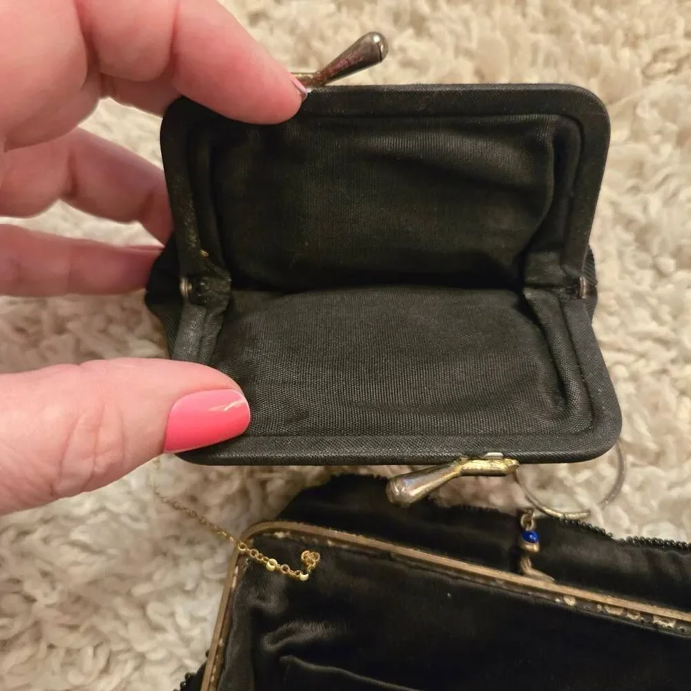 Vintage 1920s Black Micro Bead Purse with Coin Purse & Mirror Kiss Closure